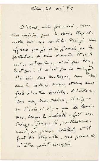 ZOLA, ÉMILE. Autograph Letter Signed, to an unnamed recipient (lacking salutation), in French,